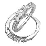 0.75 Carat (ctw) 14k White Gold 3 Stone Round Diamond Ladies Bridal Ring Set Matching Band 3/4 CT