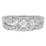 0.75 Carat (ctw) 14k White Gold 3 Stone Round Diamond Ladies Bridal Ring Set Matching Band 3/4 CT