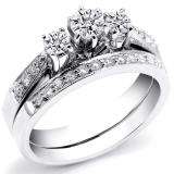 0.85 Carat (ctw) 14k White Gold Round Diamond Ladies 3 Stone Bridal Engagement Ring Matching Band Set