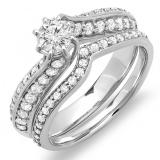 1.00 Carat (ctw) 14K White Gold Round Cut Diamond Ladies Bridal Engagement Ring With Matching Band Set 1 CT