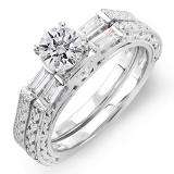CERTIFIED 0.83 Carat (ctw) 14k White Gold Round & Baguette Diamond Ladies Vintage Bridal Engagement Ring Set