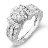 1.00 Carat (ctw) 14k White Gold Round & Baguette Diamond Ladies Bridal Ring
