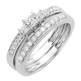 0.65 Carat (ctw) 14k White Gold Princess & Round Diamond Ladies 3 Stone Engagement Bridal Ring Set