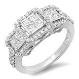 1.25 Carat (ctw) 14k White Gold Brilliant Round & Princess Cut Diamond 3 stone Ladies Engagement Bridal Ring