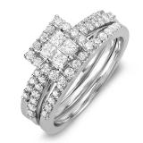 1.15 Carat (ctw) 14K White Gold Princess & Round White Diamond Engagement Bridal Ring Set