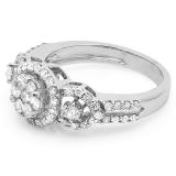 0.85 Carat (ctw) 14K White Gold Round Diamond Ladies Bridal Three Stone Flower Cluster Engagement Ring 1 CT
