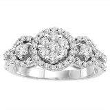 0.85 Carat (ctw) 14K White Gold Round Diamond Ladies Bridal Three Stone Flower Cluster Engagement Ring 1 CT