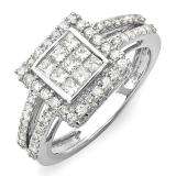 1.15 Carat (ctw) 14K White Gold Princess & Round White Diamond Engagement Invisible Set Bridal Ring