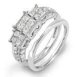 CERTIFIED 1.75 Carat (ctw) 14K White Gold Princess & Round White Diamond Engagement Bridal Ring Set