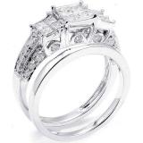CERTIFIED 1.75 Carat (ctw) 14K White Gold Princess & Round White Diamond Engagement Bridal Ring Set
