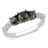 1.50 Carat (ctw) 14k White Gold Black & White Round Diamond Ladies Three Stone Engagement Ring