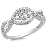 0.75 Carat (ctw) 14k White Gold Princess & Round Diamond Ladies Bridal Unique Criss Cross Engagement Ring 3/4 CT