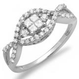 0.75 Carat (ctw) 14k White Gold Princess & Round Diamond Ladies Bridal Unique Criss Cross Engagement Ring 3/4 CT