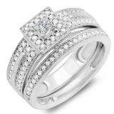CERTIFIED 0.60 Carat (ctw) 14k White Gold Princess & Round Diamond Ladies Bridal Engagement Ring Set