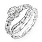 0.55 Carat (ctw) 14k White Gold Round Diamond Ladies Vintage Antique finish Halo Bridal Engagement Ring Matching Band Set
