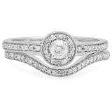 0.55 Carat (ctw) 14k White Gold Round Diamond Ladies Vintage Antique finish Halo Bridal Engagement Ring Matching Band Set