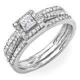 0.62 Carat (ctw) 14k White Gold Round & Princess Diamond Ladies Bridal Halo Engagement Ring Matching Band Set