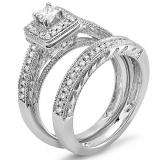 0.75 Carat (ctw) 14k White Gold Princess & Round Diamond Ladies Bridal Ring Set Halo Style Engagement Set