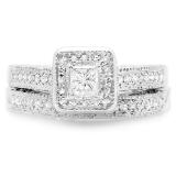 0.75 Carat (ctw) 14k White Gold Princess & Round Diamond Ladies Bridal Ring Set Halo Style Engagement Set