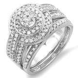 1.10 Carat (ctw) 14K White Gold Real Round Diamond Engagement Bridal Ring Set with Matching Band