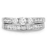 1.00 Carat (ctw) 14k White Gold Round Diamond Ladies 3 Stone Bridal Engagement Ring Matching Band Set