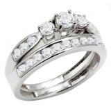 1.00 Carat (ctw) 14k White Gold Round Diamond Ladies 3 Stone Bridal Engagement Ring Matching Band Set