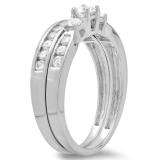 1.00 Carat (ctw) 14k White Gold Round Diamond Ladies 3 Stone Bridal Engagement Ring Matching Band Set