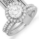 Certified 1.92 Carat (ctw) 14k White Gold Round Diamond Ladies Bridal Engagement Halo Style Ring Set with Matching Wedding Band Center 1.23CT