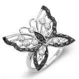 0.70 Carat (ctw) White Gold Round Black White Diamond Butterfly Cocktail Right Hand Ring 3/4 CT