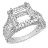1.85 Carat (ctw) 18K White Gold Round Diamond Semi Mount Round & Baguette Cut Diamond Princess Cut Stone For Center Engagement Ring (No Center Stone)