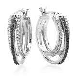 0.75 Carat (ctw) Sterling Silver Black & White Round Diamond Ladies Hoop Earrings 3/4 CT