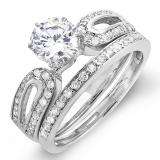 1.00 Carat (ctw) 14k White Gold Round Diamond Ladies Bridal Engagement Ring Set with Matching Band