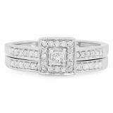0.50 Carat (ctw) 14k White Gold Round & Princess Diamond Ladies Halo Style Bridal Engagement Ring Set 1/2 CT