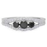 1.25 Carat (ctw) Sterling Silver Round Black & White Diamond Ladies 3 stone Engagement Bridal Ring 1 1/4 CT