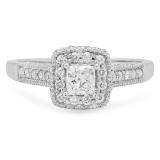 0.85 Carat (ctw) 14k White Gold Princess & Round Diamond Ladies Halo Style Engagement Bridal Ring