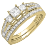 1.00 Carat (ctw) 14k Yellow Gold Princess Cut 3 Stone Diamond Ladies Engagement Bridal Ring Set Matching Band 1 CT