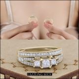 1.00 Carat (ctw) 14k Yellow Gold Princess Cut 3 Stone Diamond Ladies Engagement Bridal Ring Set Matching Band 1 CT