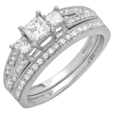 1.00 Carat (ctw) 14k White Gold Princess Cut 3 Stone Diamond Ladies Engagement Bridal Ring Set Matching Band 1 CT