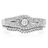 0.50 Carat (ctw) 10K White Gold Round Baguette Diamond Ladies Swirl Engagement Matching Band Halo Style Bridal Ring Set