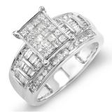 1.25 Carat (ctw) 14k White Gold Ladies Princess Baguette & Round Diamond Engagement Bridal Ring Invisible Set 1 1/4 CT