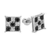 0.25 Carat (ctw) Sterling Silver Black & White Round Cut Diamond Square Shaped Micro Pave Stud Earrings 1/4 CT