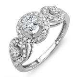 1.00 Carat (ctw) 14k White Gold Brilliant Round Diamond Ladies 3 stone Halo Style Vintage Bridal Engagement Ring