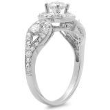 1.00 Carat (ctw) 14k White Gold Brilliant Round Diamond Ladies 3 stone Halo Style Vintage Bridal Engagement Ring