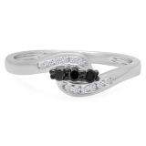 0.25 Carat (ctw) Sterling Silver Round Black & White Diamond Ladies Swirl 3 Stone Engagement Bridal Promise Ring 1/4 CT