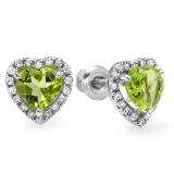 2.00 Carat (ctw) 10k White Gold Heart Shape Green Peridot Diamond Halo Stud Earrings