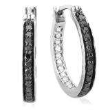 0.38 Carat (ctw) Sterling Silver Round Black & White Diamond Fine In and Out Hoop Earrings 3/8 CT