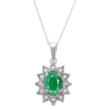 1.00 Carat (ctw) Kate Middleton Diana Replica 10K White Gold Real Round Diamond With Real Oval Green Emerald Matching Ladies Pendant