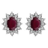 1.70 Carat (ctw) Kate Middleton Diana Inspired 10K White Gold Real Round Diamond With Real Oval Red Ruby Matching Ladies Earrings