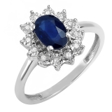 1.00 Carat (ctw) Kate Middleton Diana Replica 18K White Gold Real Round Diamond With Real Oval Blue Sapphire Royal Engagement Ring 1 CT