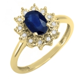 1.00 Carat (ctw) Kate Middleton Diana Replica 10K Yellow Gold Real Round Diamond With Real Oval Blue Sapphire Royal Engagement Ring 1 CT